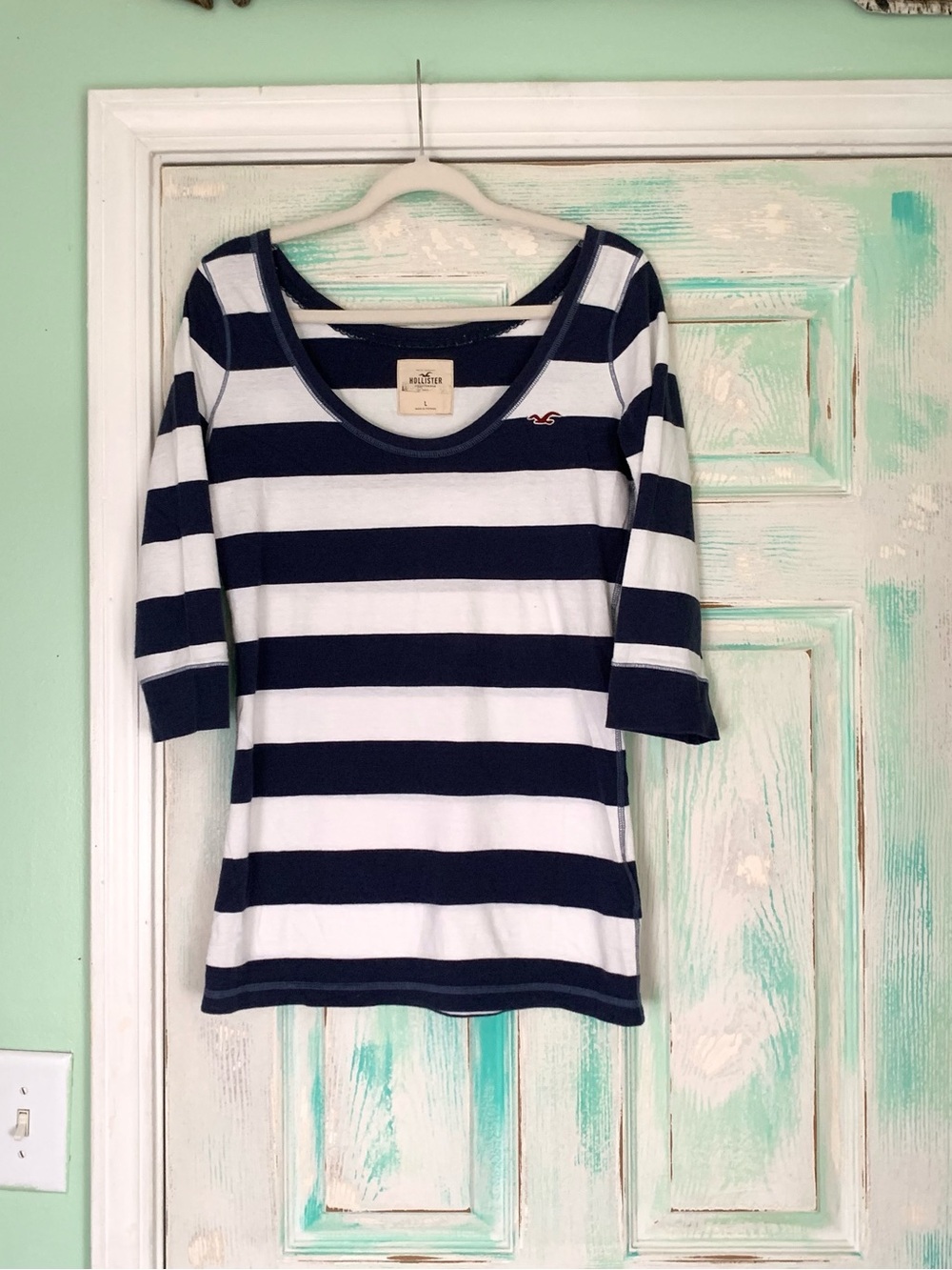 Y2K Hollister Navy Blue/White Striped 3/4 Sleeve Blouse Large